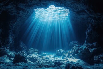 Obraz premium Cinematic Underwater Scene with Sunlight Rays and Marine Life in Deep Blue Ocean