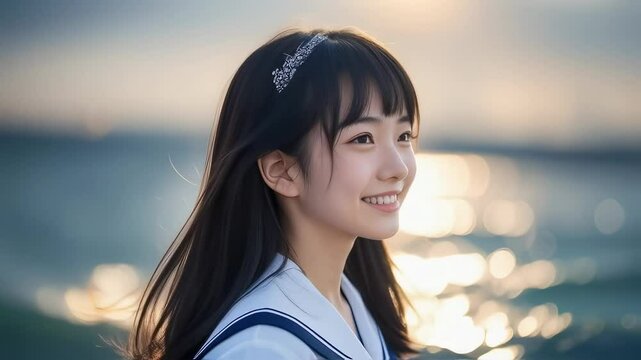 海岸の背景。髪がなびくカチューシャをつけた女子高生
