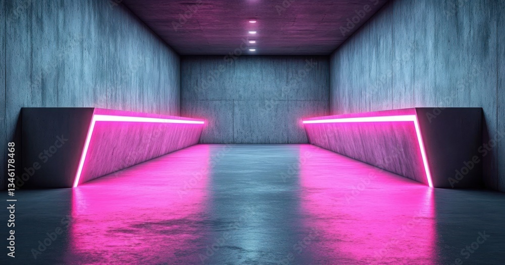 Aufkleber concrete room with illuminated neon pink blocks for display and presentation in dark moody environme