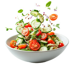 Fresh vibrant vegetable salad in a white bowl ingredients flying around it, isolated on transparent background