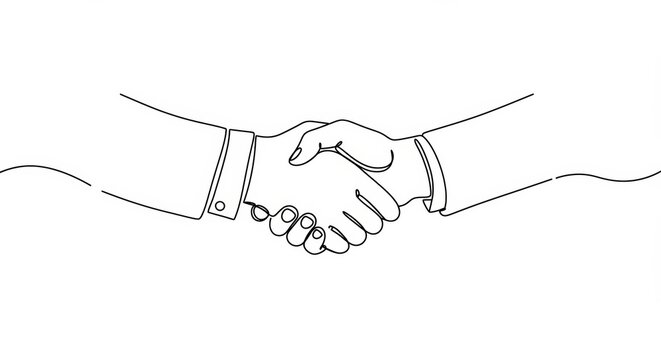 Single line drawing of a handshake symbolizing partnership agreement and trust