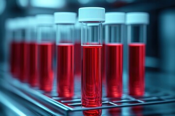 Laboratory Test Tubes with Red Liquid in a Futuristic Medical Setting