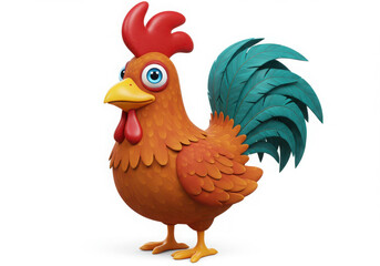 Cartoon rooster with orange body, red comb, yellow beak, and blue tail feathers on white background