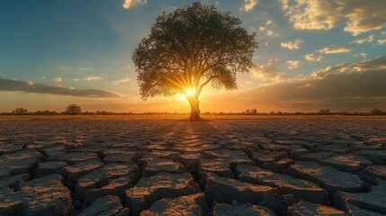Lone Tree on Cracked Earth Under Bright Sun at Golden Hour