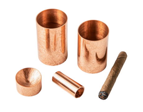 A worn and corroded copper heating pipe, positioned on a white isolated background