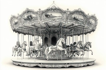 Vintage Black and White Carousel Illustration Elegant Horses Minimalist Victorian Style