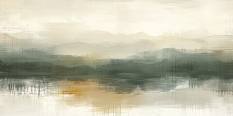 A serene Wabi-Sabi inspired landscape painting depicts muted earthy tones of green and beige mountains reflected in a still lake, creating a high-fidelity abstract composition.