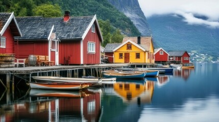 Fototapeta premium Colorful houses on stilts by calm water, reflecting in the still lake, with mountains in the background.