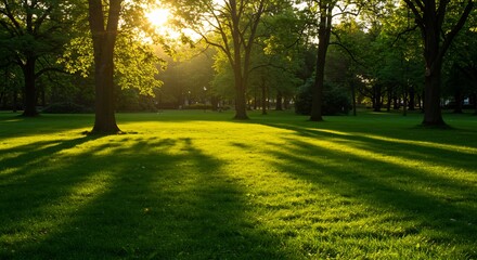夕日輝く緑の草原、木陰の影が美しく伸びる
