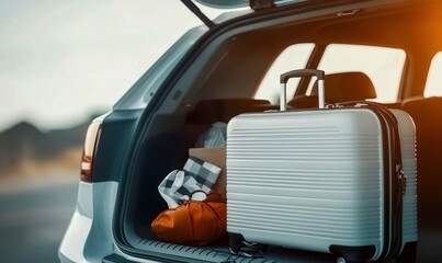 Silver SUV is ready for a road trip with its trunk full of luggage and personal belongings.