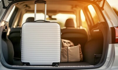 Suitcase and bag packed in the car trunk, ready for a road trip adventure on a sunny day.