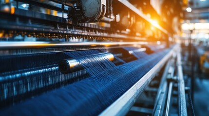  industrial weaving machine producing deep blue denim fabric