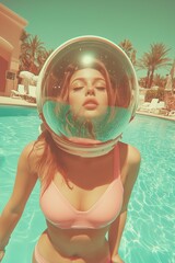 Dreamlike retro photograph of a woman in a bikini with a space helmet, cinematic lighting, pastel fantasy tones.