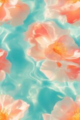Dreamy vertical wallpaper with floating pastel orange flowers over water, soft ethereal atmosphere.