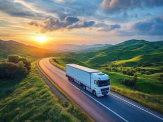 Truck Driving on Winding Road Through Green Hills at Sunset
