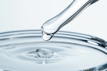 a close-up shot of a transparent pipette dispensing a water drop into a glass dish, with water ripples