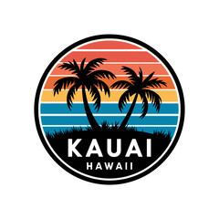 Kauai Hawaii Retro Sunset Palm Tree Badge