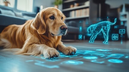 A Curious Golden Retriever Gazing At Its Futuristic Digital Health Profile, A Glowing Cyan Projection On The Floor Showing Its Vital Signs And Health Data In A Modern Home Setting