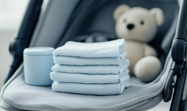 A neat stack of soft blue muslin cloths and essential baby care items in a modern stroller.
