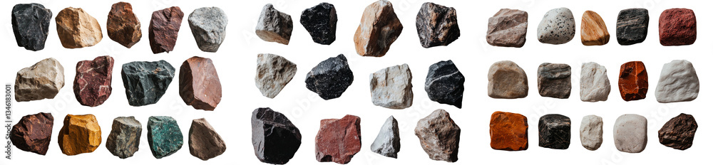 Poster the image features a pile of rocks isolated on a white background, highlighting the texture from abo