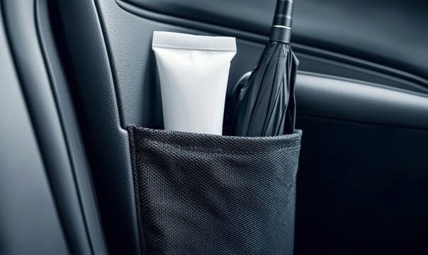White tube and a black umbrella are conveniently stored in a car door organizer pocket.