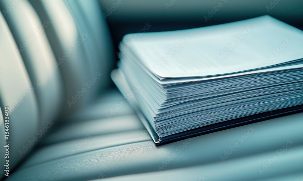 Poster neatly stacked documents await review on a textured surface, ideal for office or business concepts.