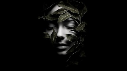 Ein Gesicht mit Bl&auml;ttern vor schwarzem Hintergrund.