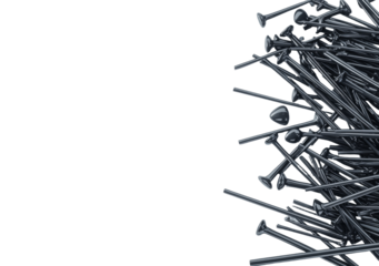 Isolated on a white background, a collection of metal nails is captured from a directly overhead viewpoint