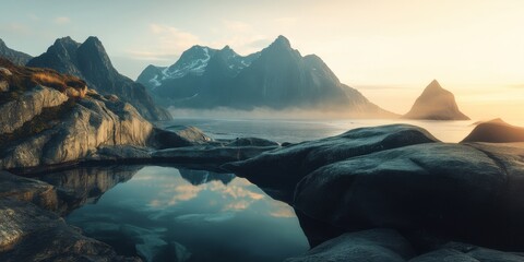 Obraz premium Majestic mountain landscape reflecting in serene waters at sunset near a quiet fjord