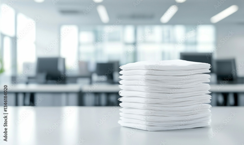 Poster a neat stack of white paper napkins on a clean table in a modern office setting.