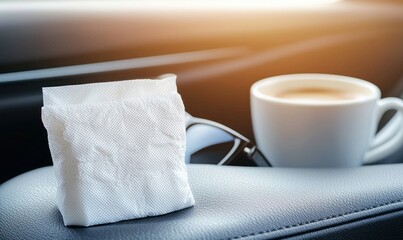 Essentials on the go: A white tissue, sleek sunglasses, and a latte in the car on a sunny day.