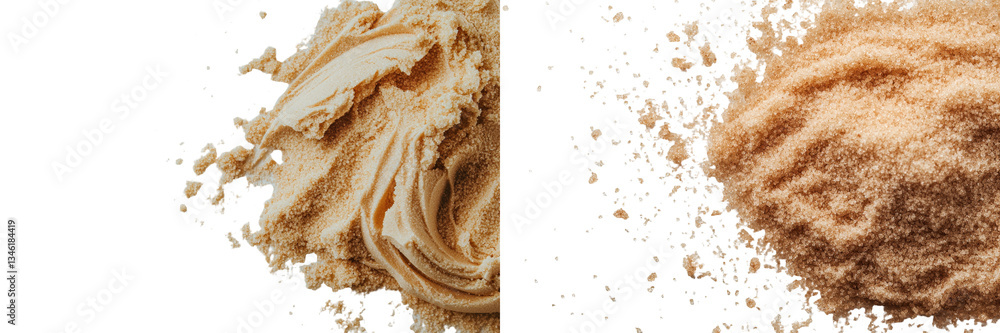 Poster brown cane sugar in its raw form is piled high and photographed from directly above on a plain white