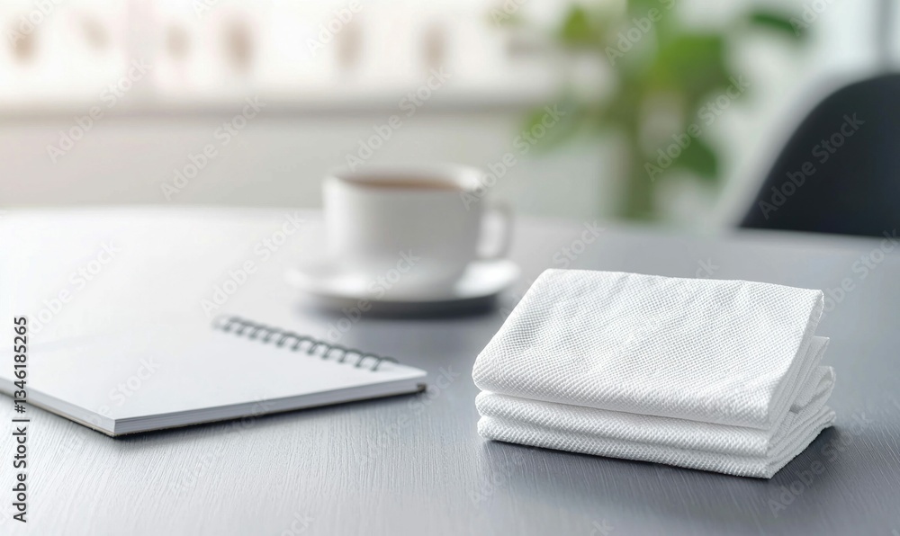 Poster a neat stack of white paper napkins sits on a table next to a notebook and coffee.