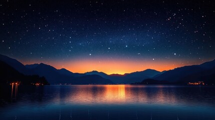 Starry Night Sky Reflected in Calm Lake with Silhouette Mountains at Twilight