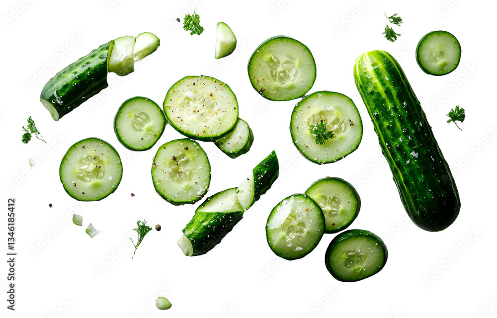 Aufkleber from above, cucumber slices are shown in isolation against a white backdrop