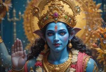 Portrait of Blue Deity with Golden Crown and Raised Hand Blessing