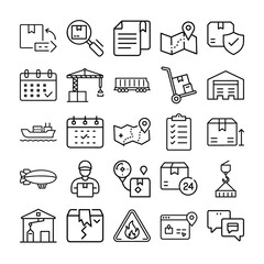 Collection of Black Line Icons Representing Logistics and Shipping Processes