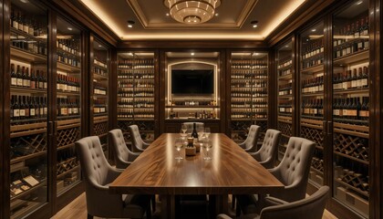 Elegant Private Wine Tasting Room with Wooden Table and Extensive Wine Collection