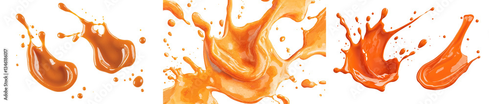 Poster from a top-down perspective, a puddle of orange juice stands alone on a white background, accompanie