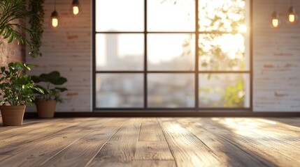 Sunlit Wooden Floor Interior Design with Plants and a Large Window