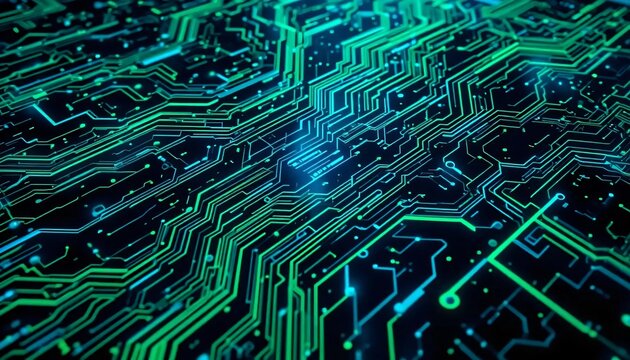 Abstract Futuristic Circuit Board Green Blue Technology Background Digital Data Network