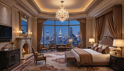 Luxurious Hotel Suite Bedroom with Stunning City Skyline View at Night