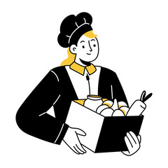 Chef packing order delivery box, doodle illustration