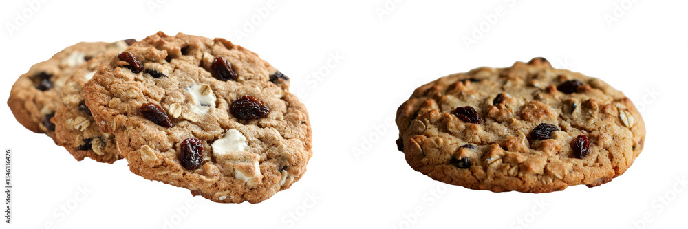 Poster a set of round whole wheat biscuits with raisins, isolated and presented on a white background