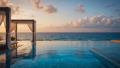 Serene oceanfront infinity pool with gazebo at sunrise Perfect vacation getaway relaxation