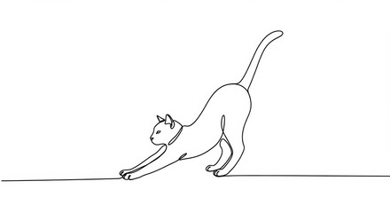 Elegant feline stretch a minimalist line drawing against white, modern art form