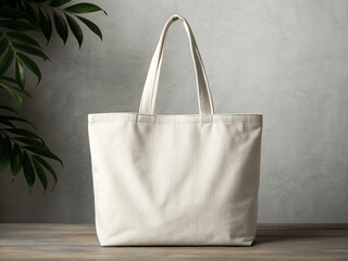 Empty Cream Canvas Tote Bag Against a Gray Concrete Wall