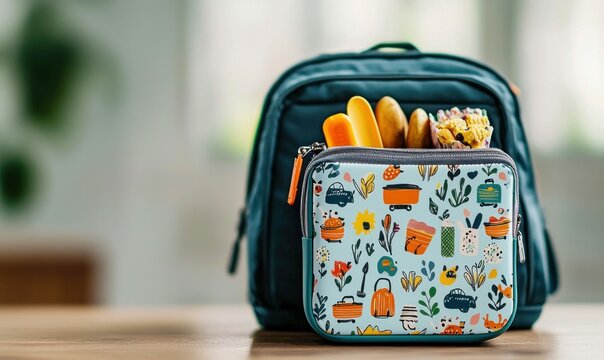 A colorful snack box packed with treats sits in front of a dark blue backpack, ready for school.