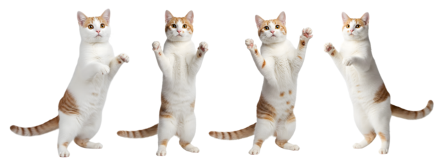 Playful white and orange cats standing on hind legs with paws raised and a curious expression isolated on a transparent background