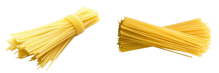 From a top-down perspective, a serving of yellow spaghetti is photographed on a simple white background